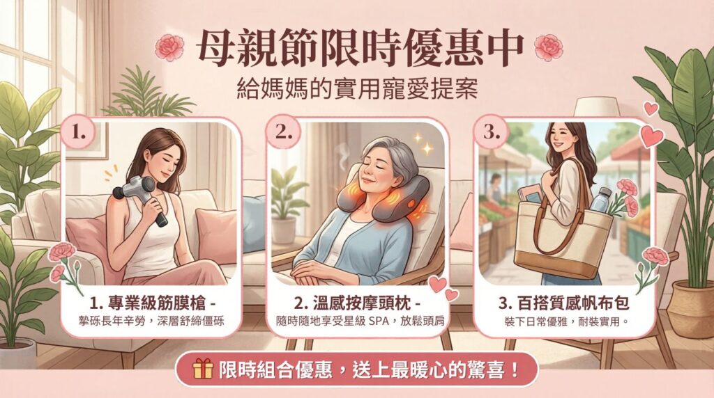 母親節,優惠中,筋膜槍,按摩枕,帆布包